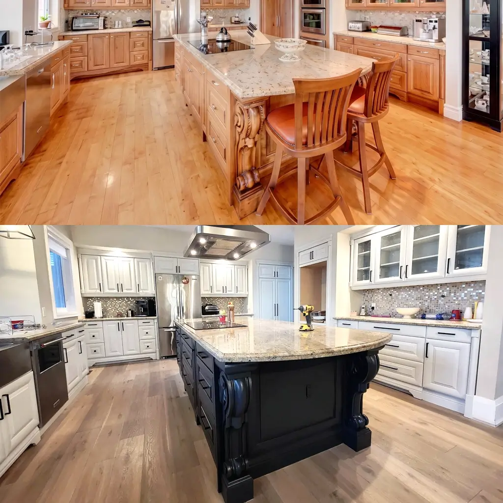 Before After Photo of Huge Kitchen Cabinets Painting with Two Tones