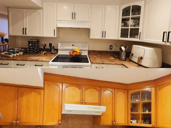 Vaughan honey oak cabinet painting — White Dove finish